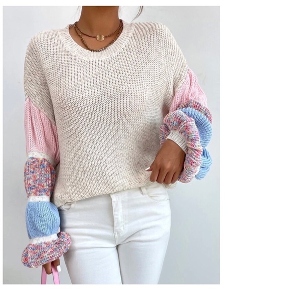 Sweater rainbow pink gathered sleeve puff lantern sleeve ruched blue cream - Picture 4 of 9